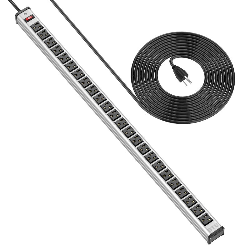BTU Long Heavy Duty Power Strip 24 Outlet Large Metal Power Strips Garage Workshop Commercial Industrial Power Strips with Circuit Breaker.10FT Cord 15A 125V 1875W (Silver) - Image 1